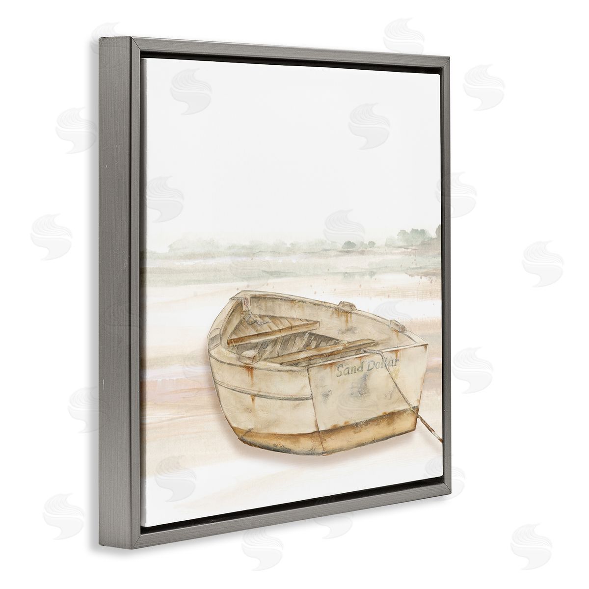 Patricia Pinto Sand Dollar Logged Rowboat Ready to Sail Horizon Gray Floating Frame Canvas Wall Art Print