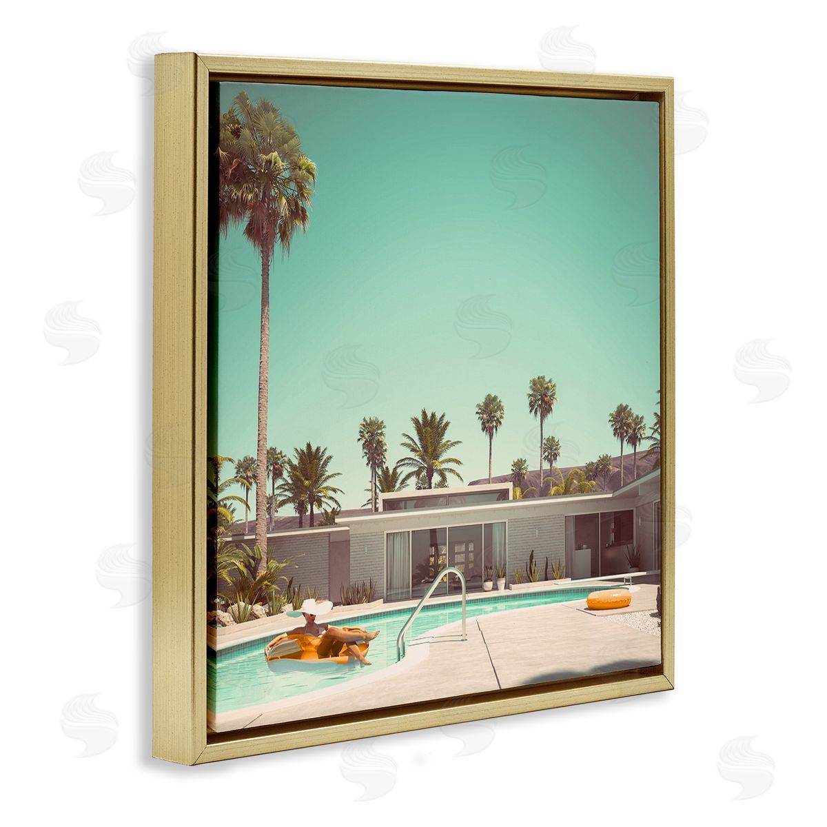 Stupell Studio Vacation Pool Desert Retreat West Coast Architecture Gold Floating Frame Canvas Wall Art Print