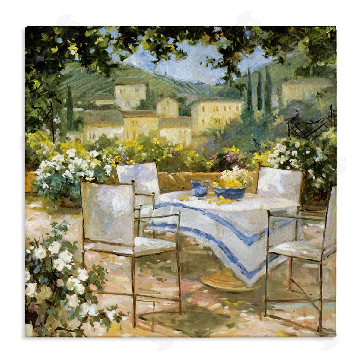 JG Studios Tuscan Terrace Vineyard French Picnic Courtyard Villa Scenery Stretched Canvas Wall Art Print