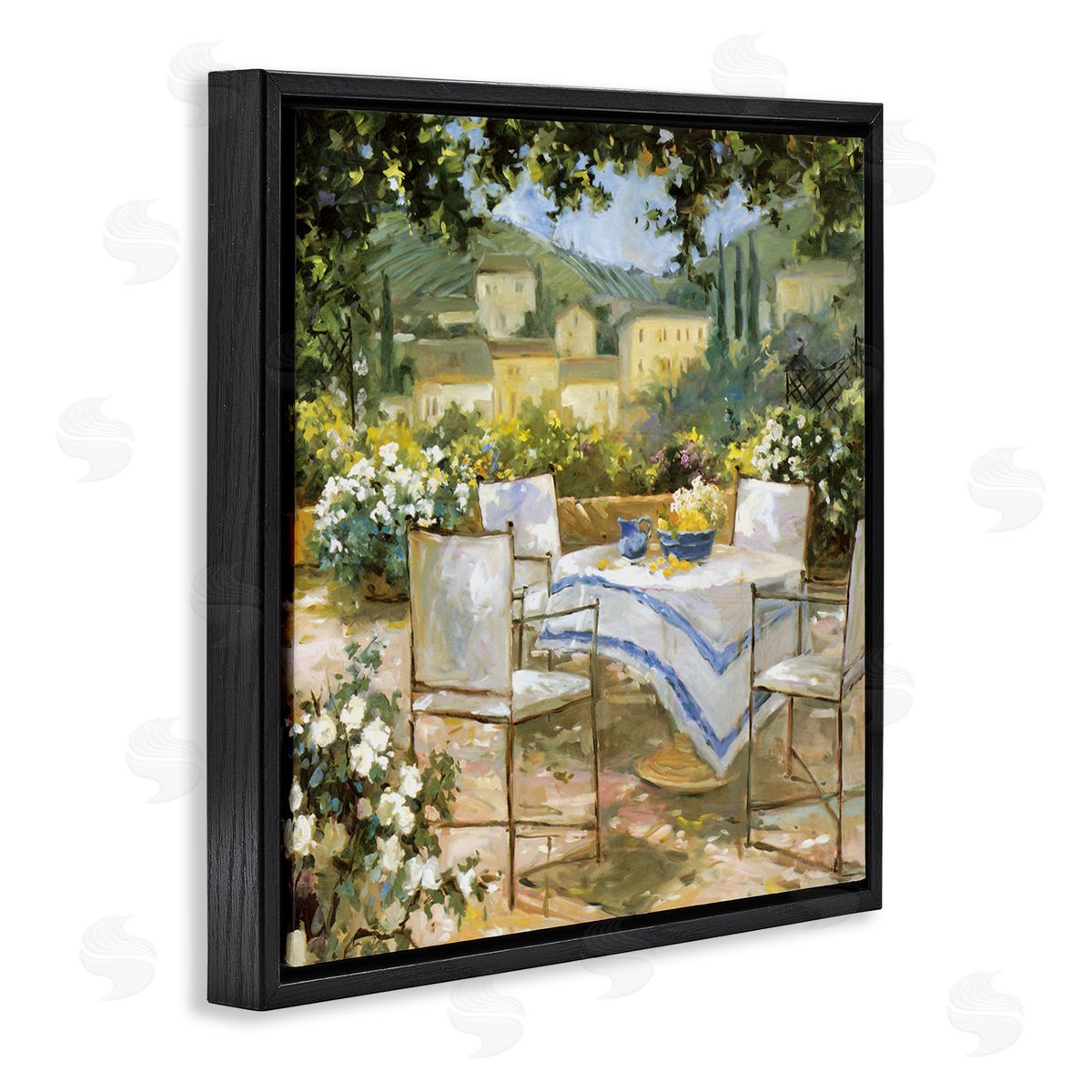 JG Studios Tuscan Terrace Vineyard French Picnic Courtyard Villa Scenery Black Floating Frame Canvas Wall Art Print