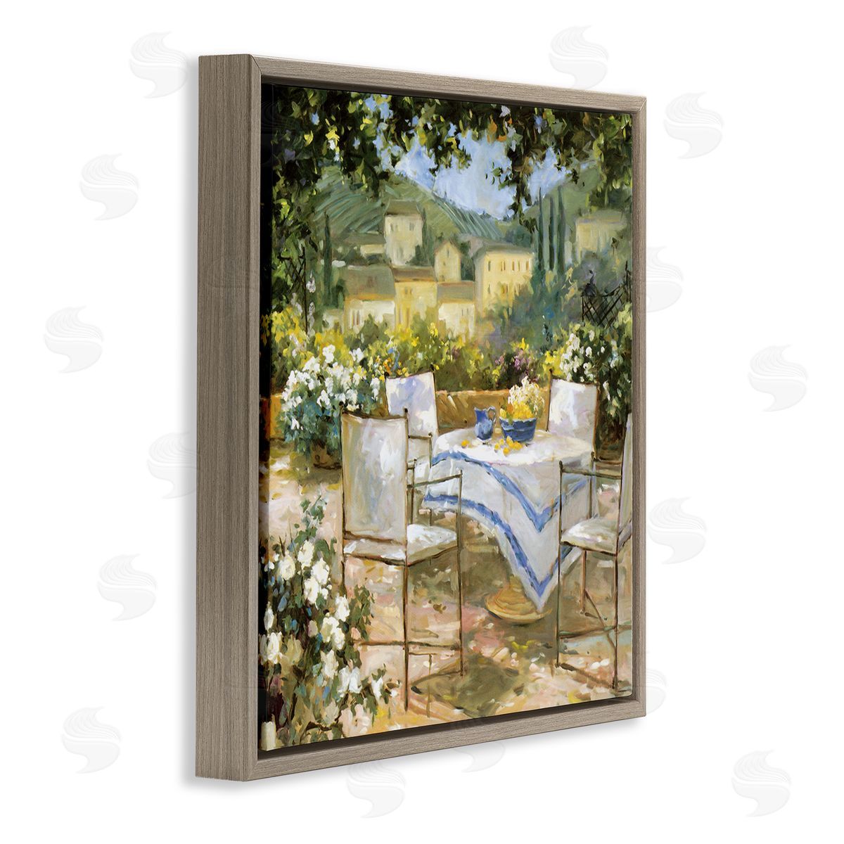 JG Studios Tuscan Terrace Vineyard French Picnic Courtyard Villa Scenery Brown Floating Frame Canvas Wall Art Print
