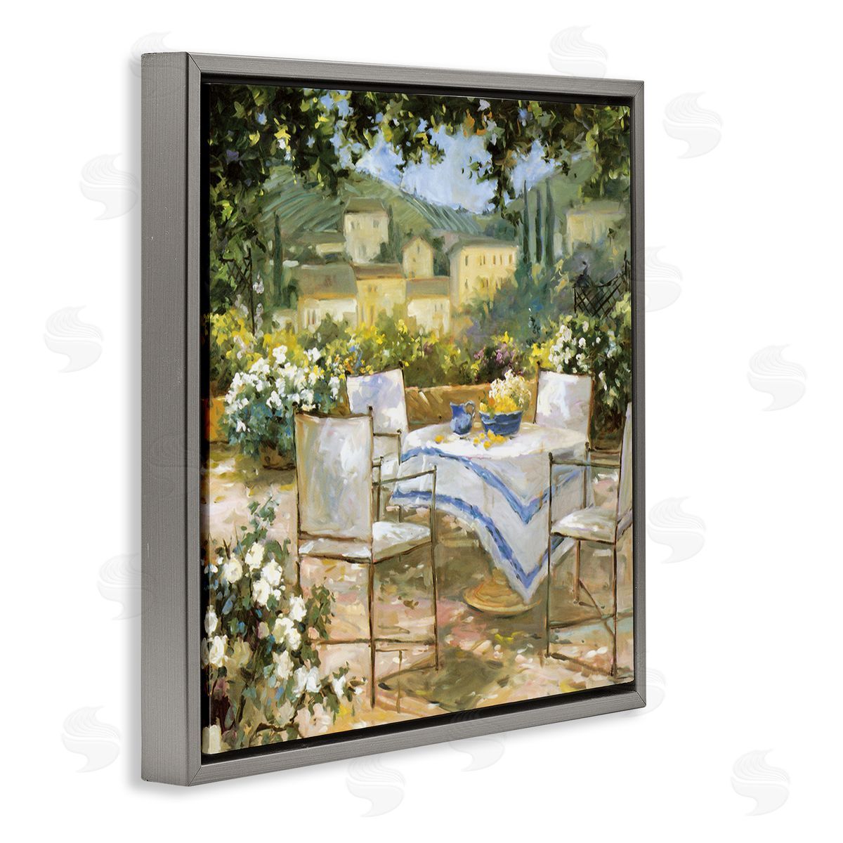 JG Studios Tuscan Terrace Vineyard French Picnic Courtyard Villa Scenery Gray Floating Frame Canvas Wall Art Print