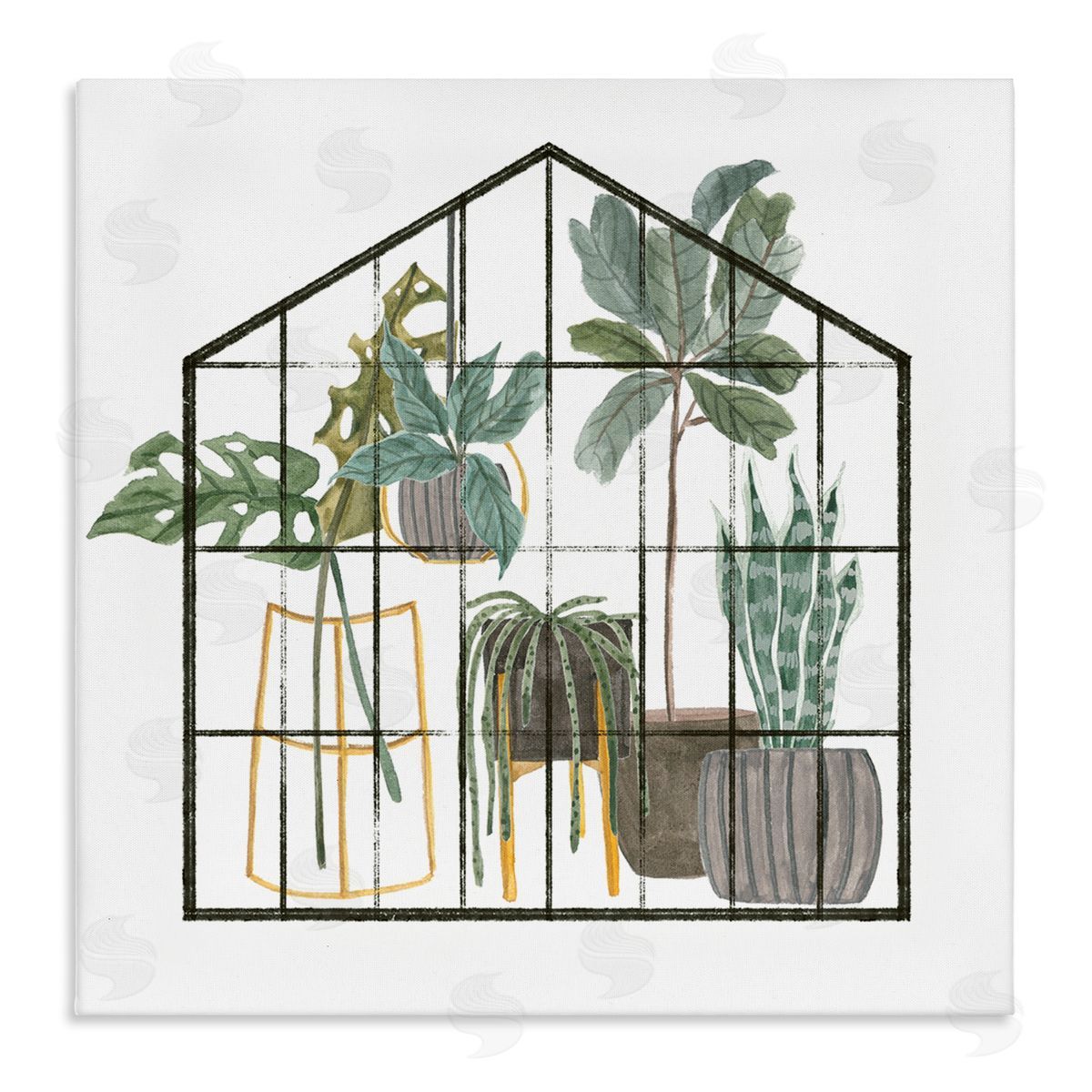 Melissa Wang Modern Greenhouse Illustration Chic Indoor Plants Palm Leaves Stretched Canvas Wall Art Print