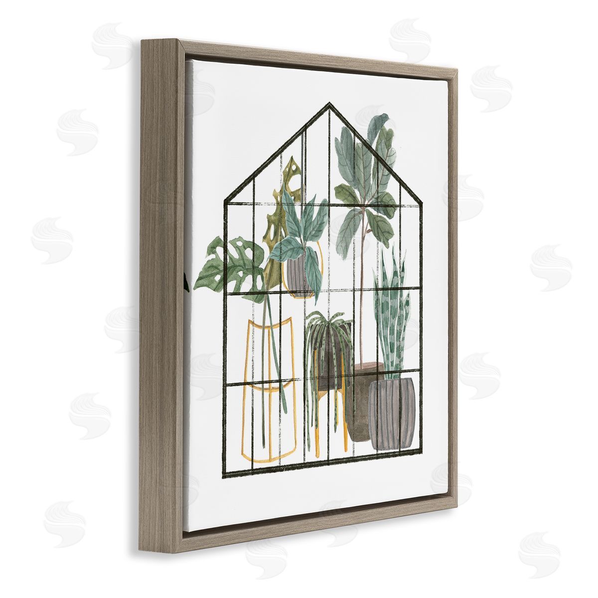 Melissa Wang Modern Greenhouse Illustration Chic Indoor Plants Palm Leaves Brown Floating Frame Canvas Wall Art Print