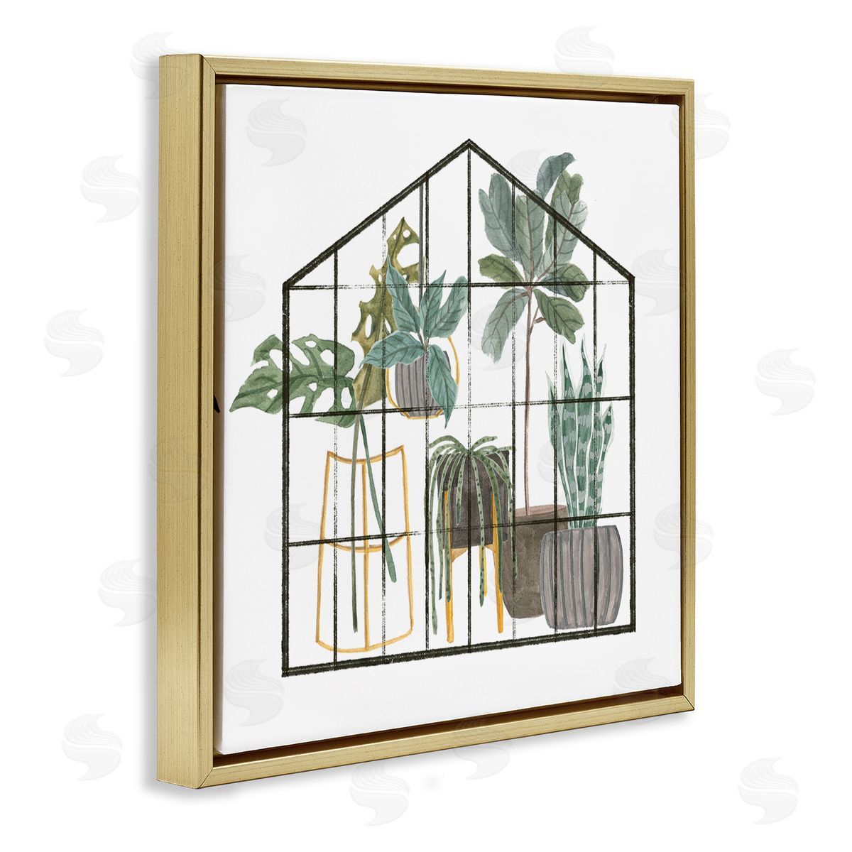 Melissa Wang Modern Greenhouse Illustration Chic Indoor Plants Palm Leaves Gold Floating Frame Canvas Wall Art Print