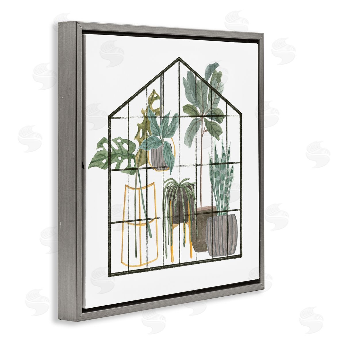 Melissa Wang Modern Greenhouse Illustration Chic Indoor Plants Palm Leaves Gray Floating Frame Canvas Wall Art Print
