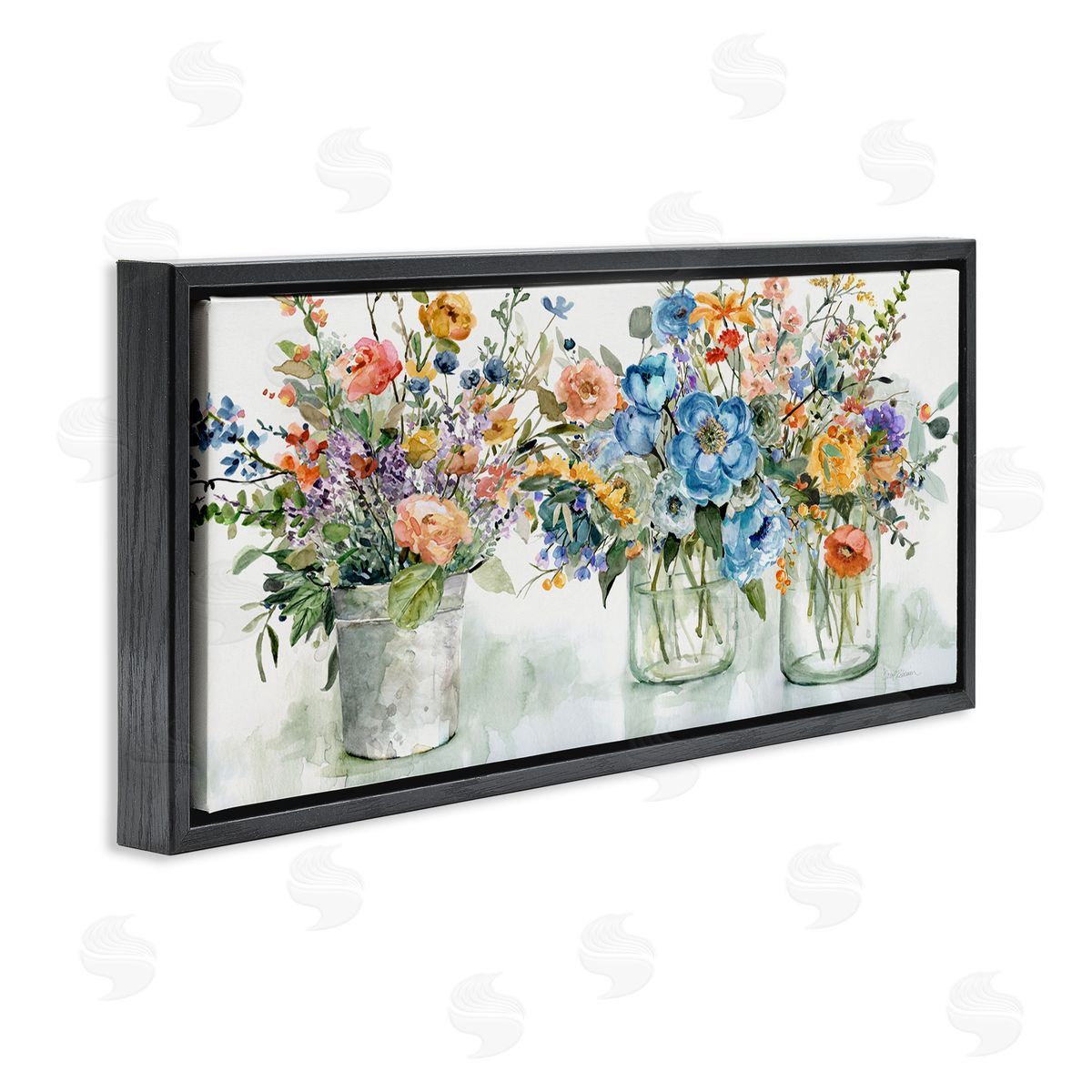 French Cottage Flower Jars Black Floating Frame Canvas Wall Art, Home Decor by Carol Robinson