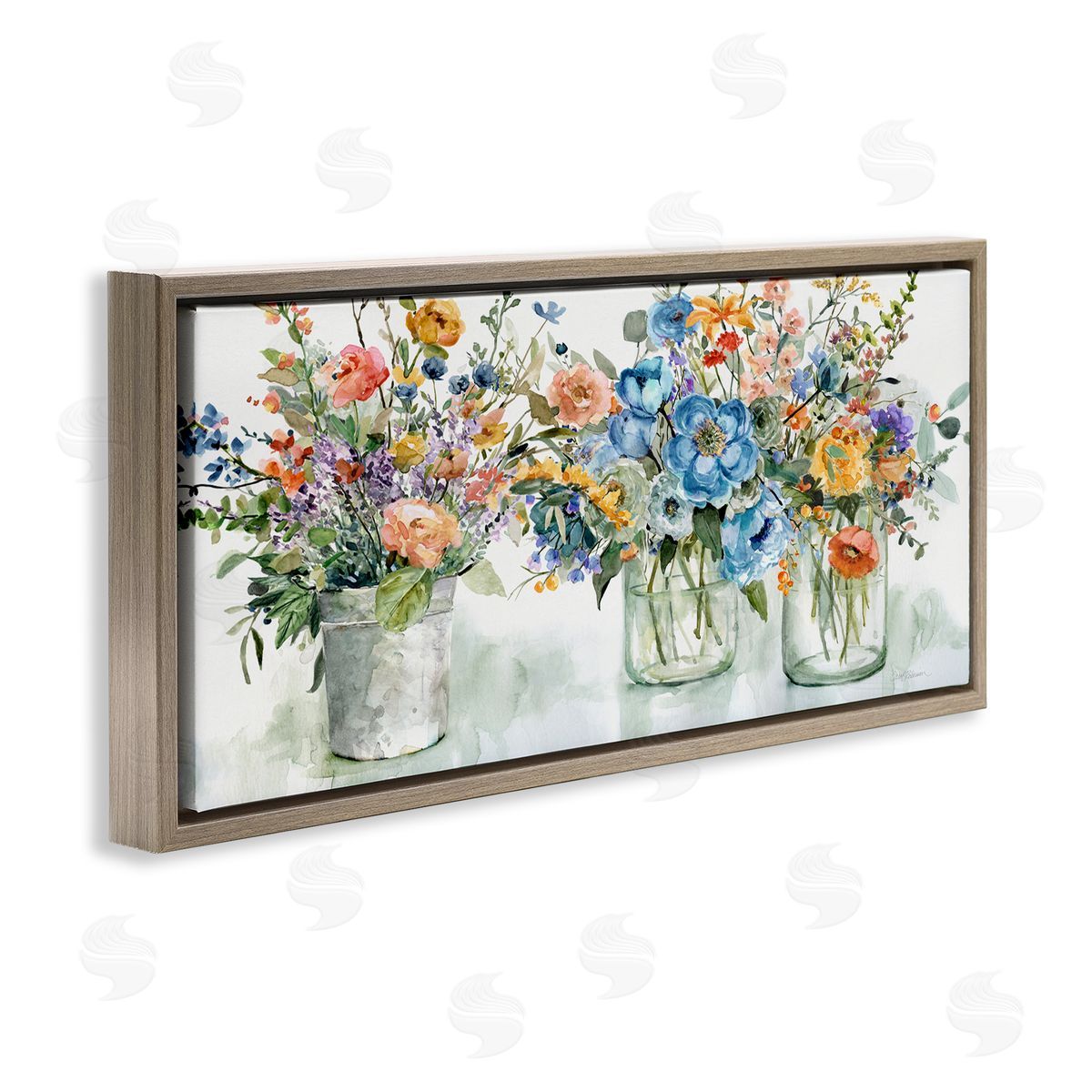 French Cottage Flower Jars Brown Floating Frame Canvas Wall Art, Home Decor by Carol Robinson