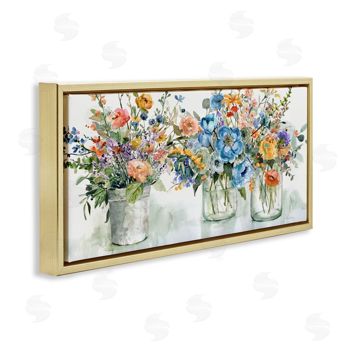 French Cottage Flower Jars Gold Floating Frame Canvas Wall Art, Home Decor by Carol Robinson