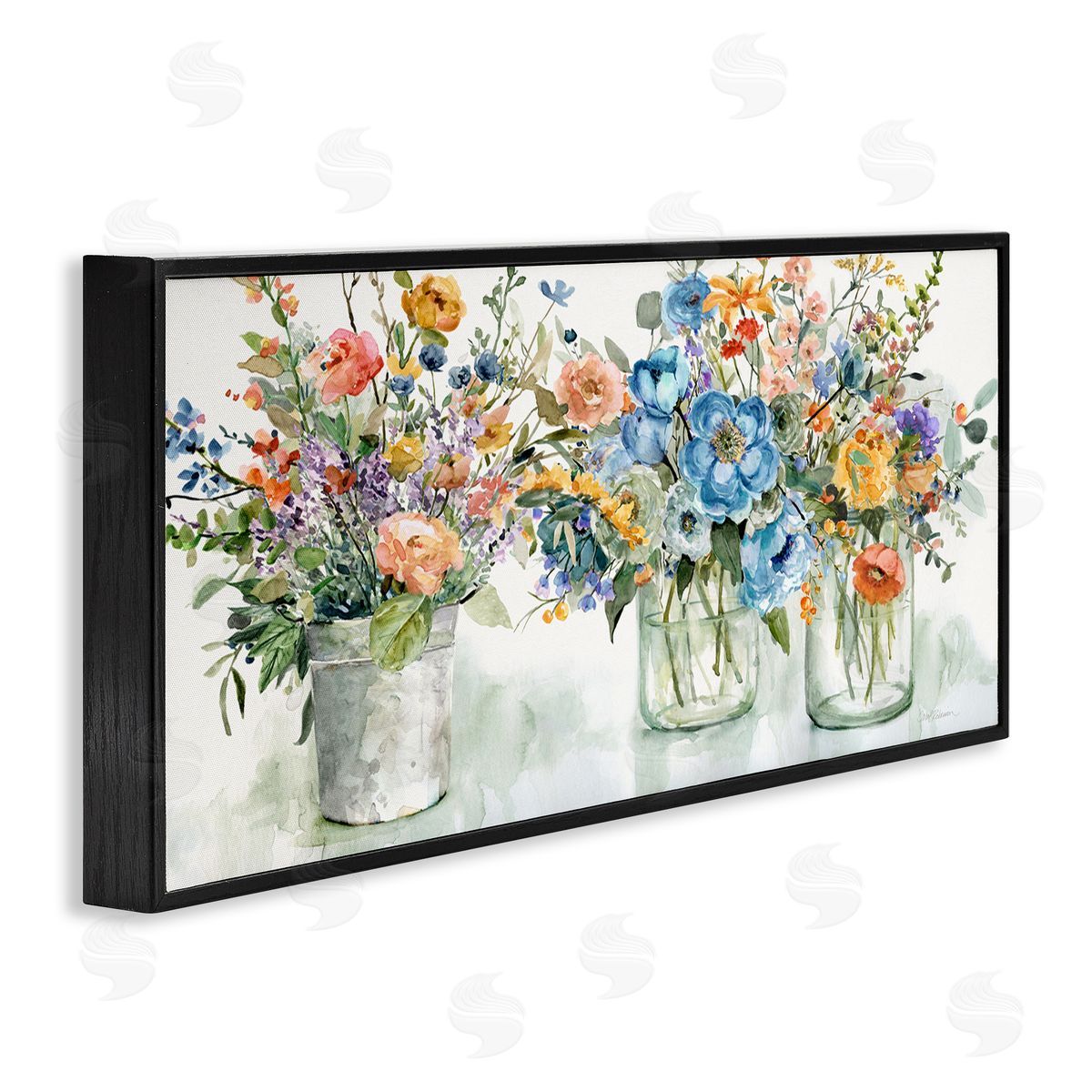 French Cottage Flower Jars Black Frame Print Wall Art, Home Decor by Carol Robinson