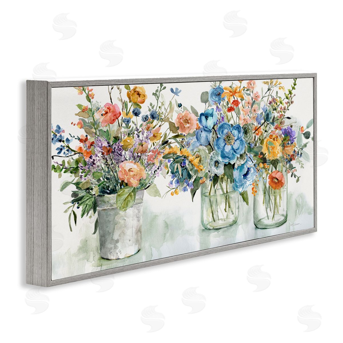 French Cottage Flower Jars Grey Frame Print Wall Art, Home Decor by Carol Robinson