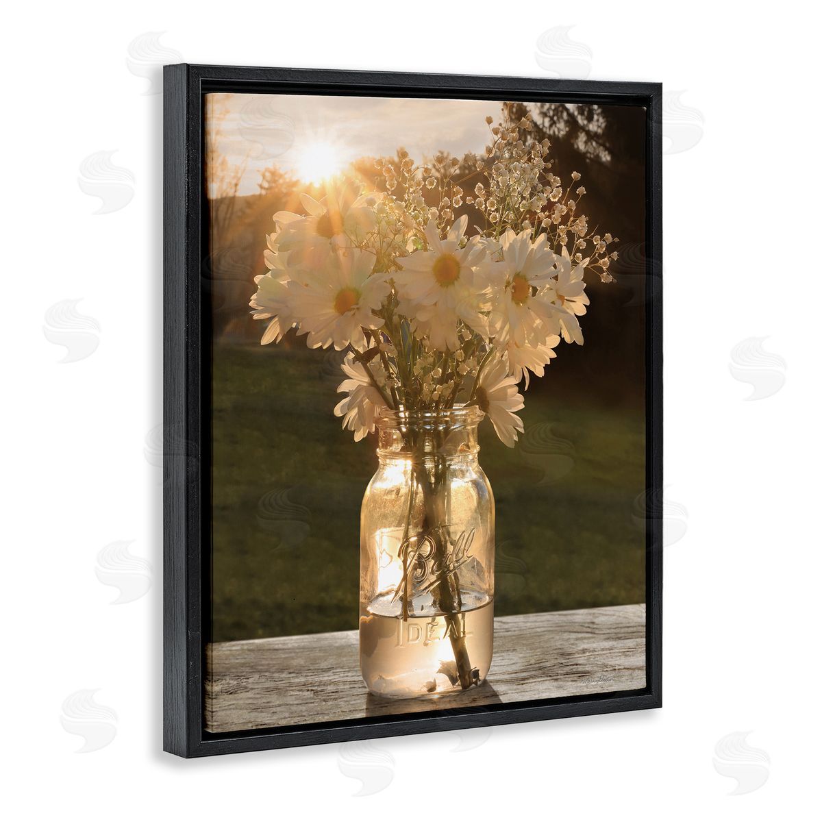 Warm Meadow Daisies in Jar Black Floating Frame Canvas Wall Art, Home Decor by Lori Deiter