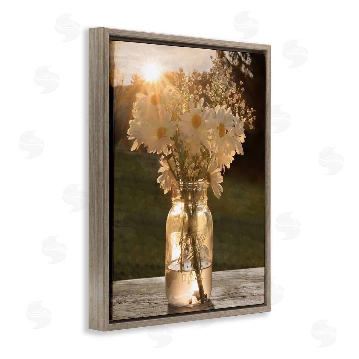 Warm Meadow Daisies in Jar Brown Floating Frame Canvas Wall Art, Home Decor by Lori Deiter