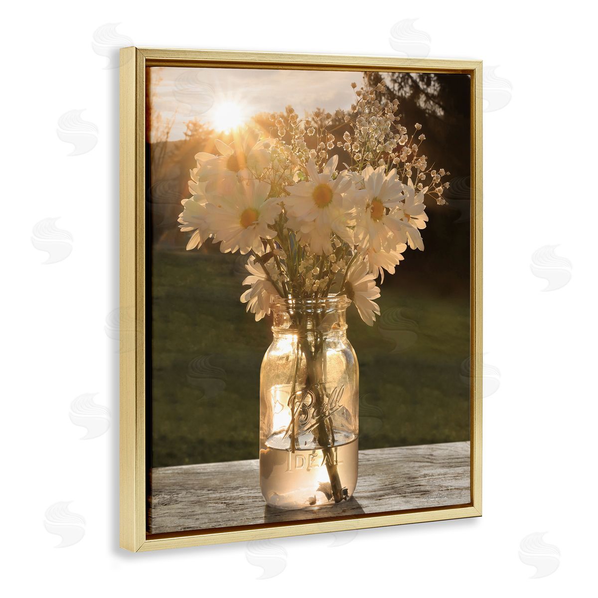Warm Meadow Daisies in Jar Gold Floating Frame Canvas Wall Art, Home Decor by Lori Deiter