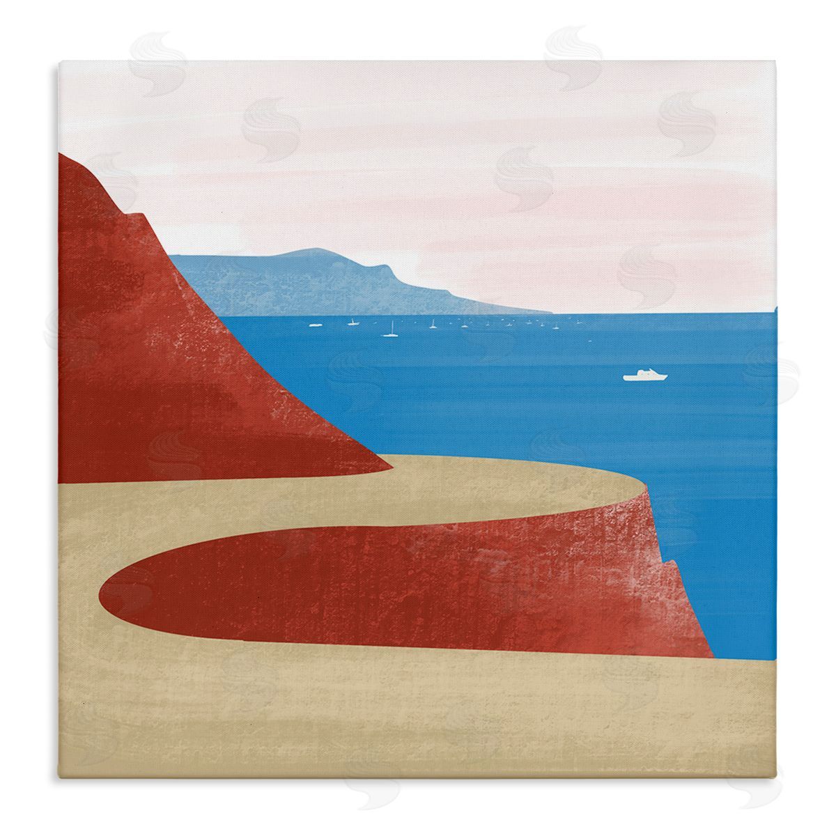 Arctic Frame Tall Cliffside Traveling Road Coastal Marine Boats Landscape Stretched Canvas Wall Art Print