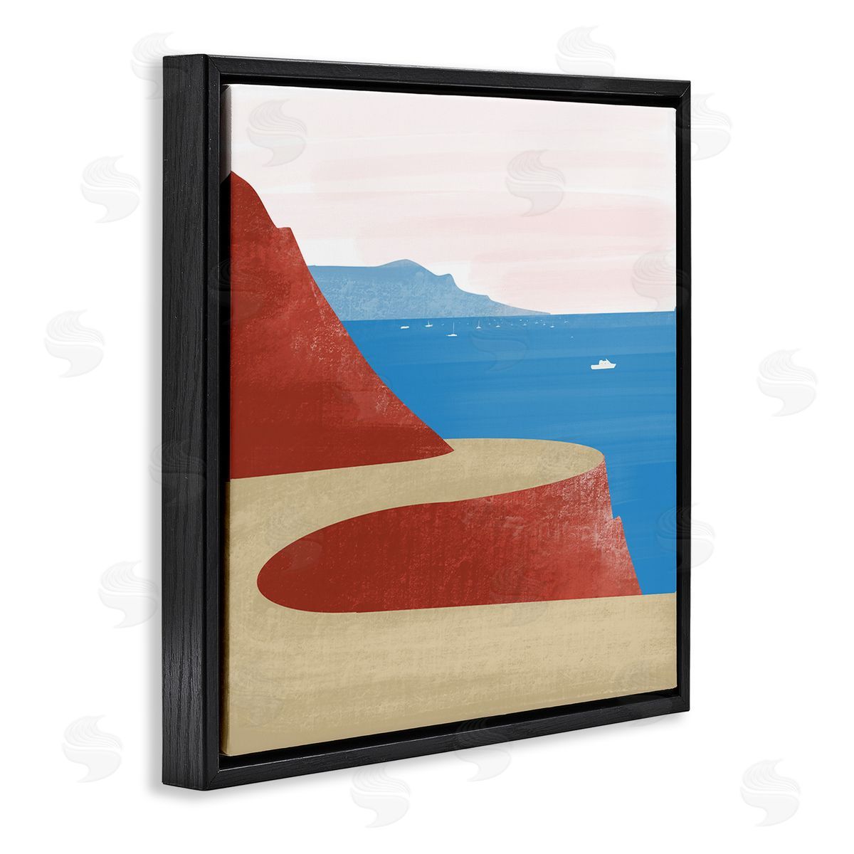 Arctic Frame Tall Cliffside Traveling Road Coastal Marine Boats Landscape Black Floating Frame Canvas Wall Art Print