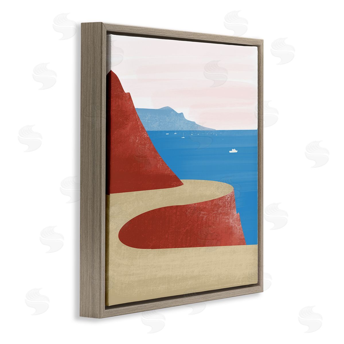 Arctic Frame Tall Cliffside Traveling Road Coastal Marine Boats Landscape Brown Floating Frame Canvas Wall Art Print