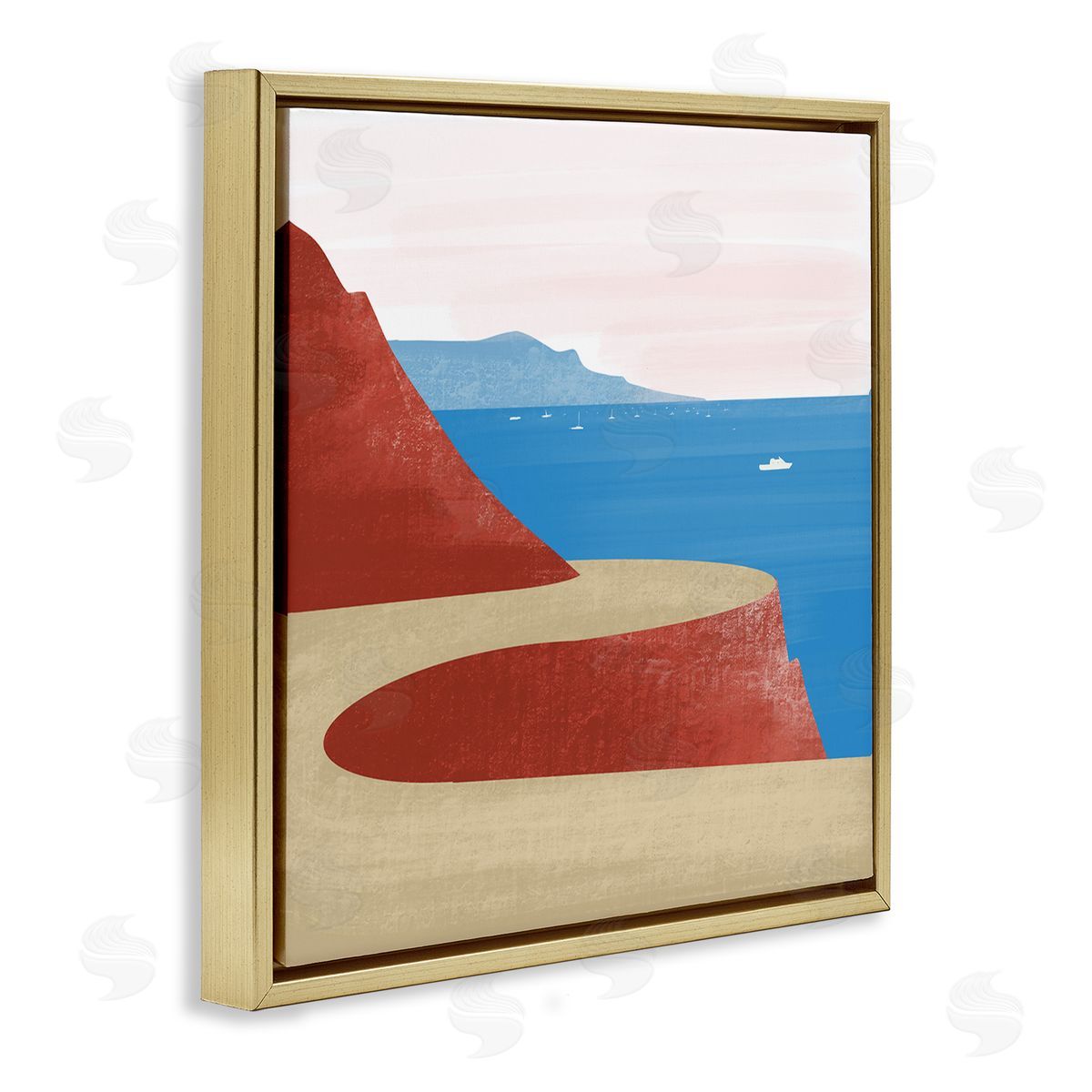 Arctic Frame Tall Cliffside Traveling Road Coastal Marine Boats Landscape Gold Floating Frame Canvas Wall Art Print