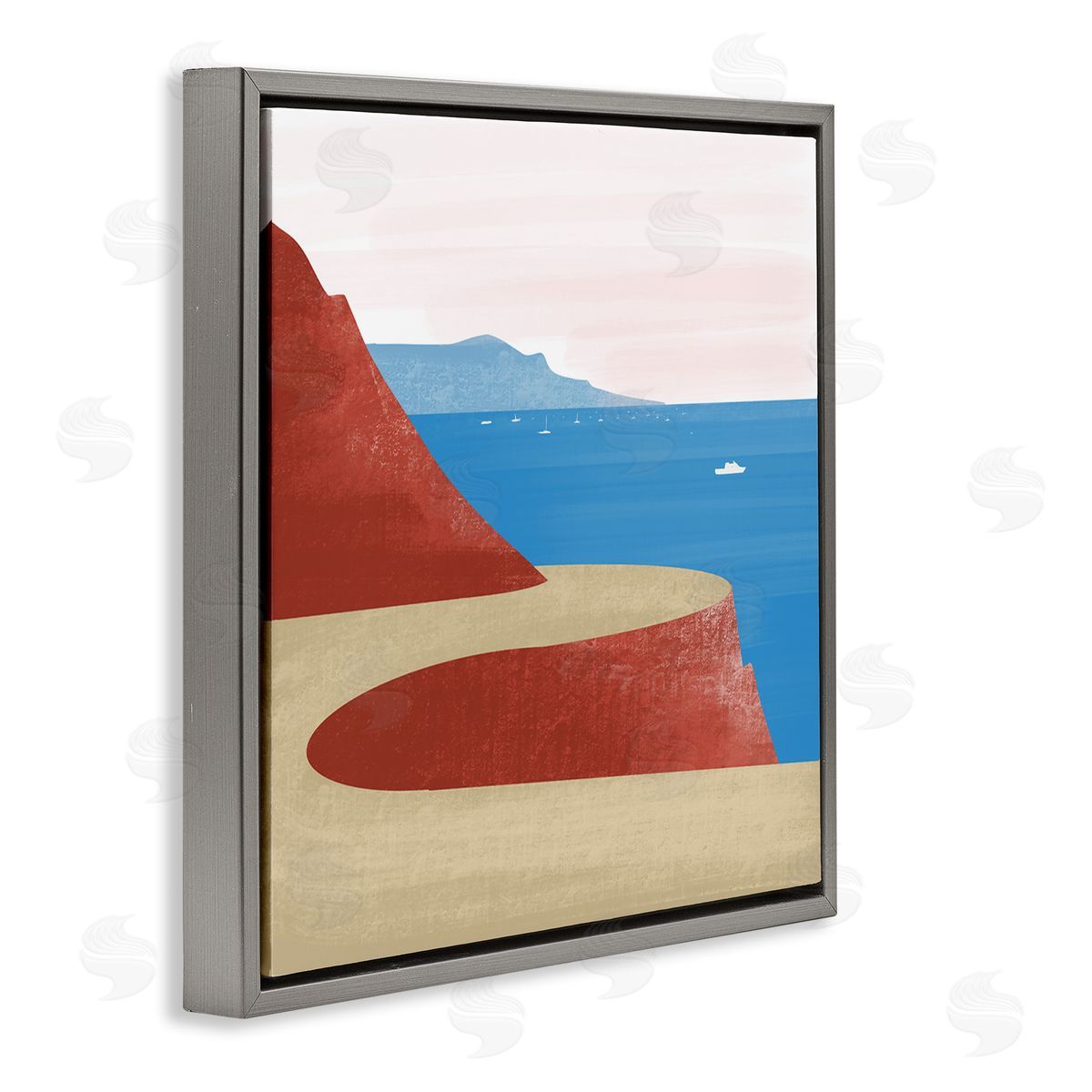 Arctic Frame Tall Cliffside Traveling Road Coastal Marine Boats Landscape Gray Floating Frame Canvas Wall Art Print