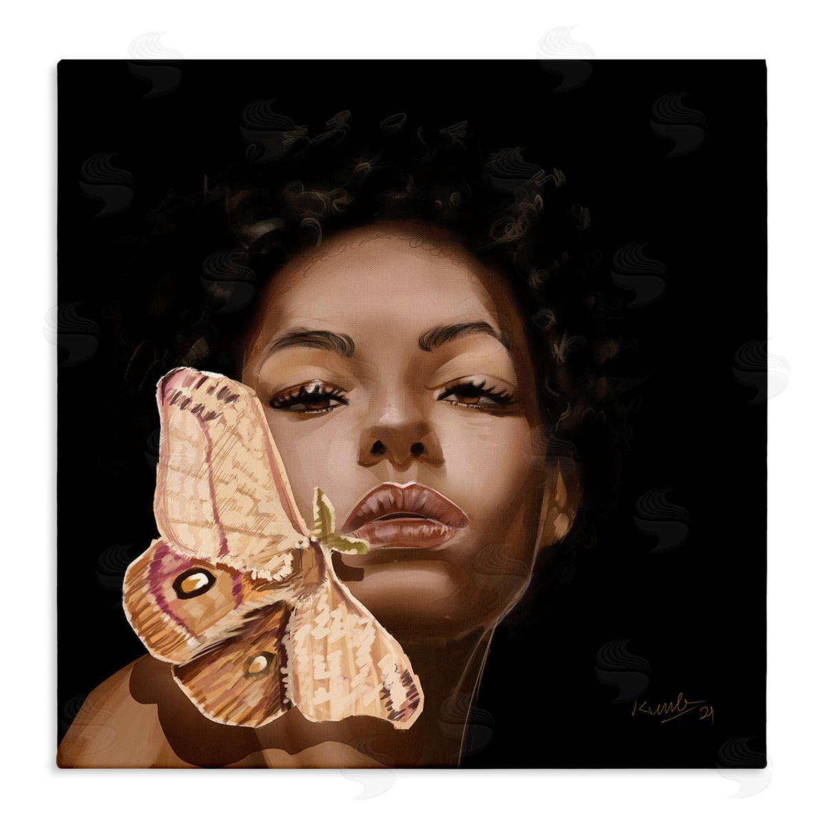 Adekunle Adeleke Surreal African Female Portrait Butterfly Insect Wood Nymph Stretched Canvas Wall Art Print
