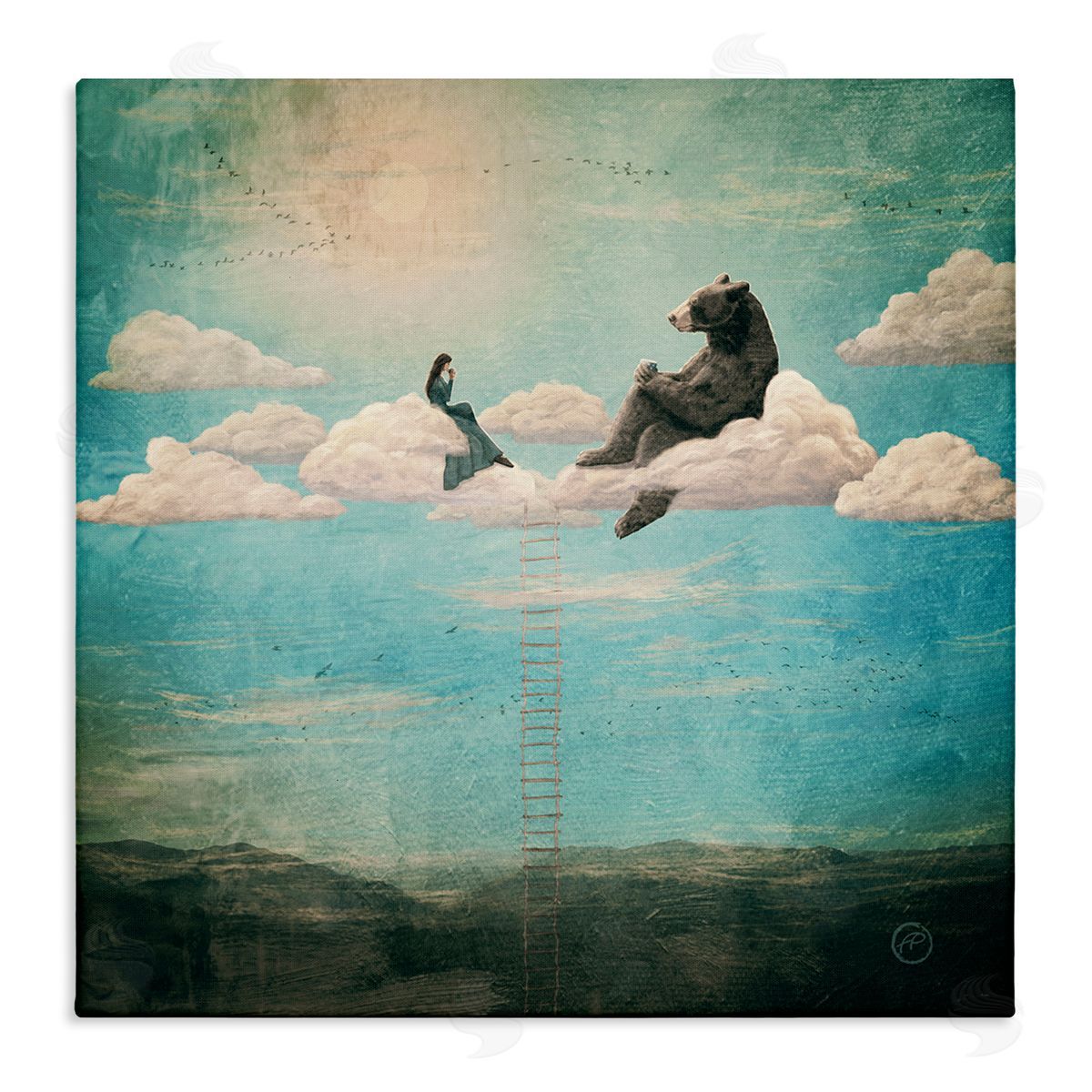 Paula Belle Flores Sky Ladder to Clouds Maiden Sitting with Bear Stretched Canvas Wall Art Print