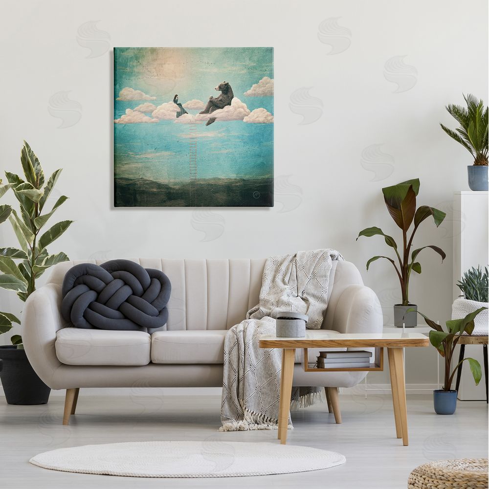 Paula Belle Flores Sky Ladder to Clouds Maiden Sitting with Bear Canvas Wall Art in Room