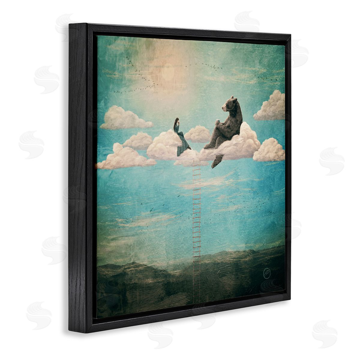 Paula Belle Flores Sky Ladder to Clouds Maiden Sitting with Bear Black Floating Frame Canvas Wall Art Print