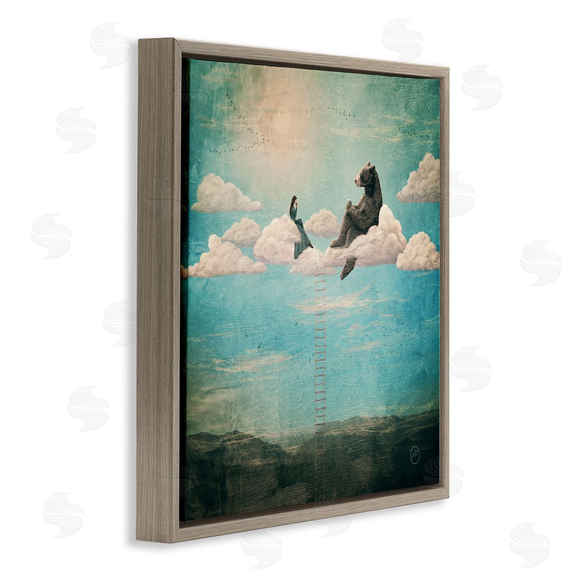 Paula Belle Flores Sky Ladder to Clouds Maiden Sitting with Bear Brown Floating Frame Canvas Wall Art Print