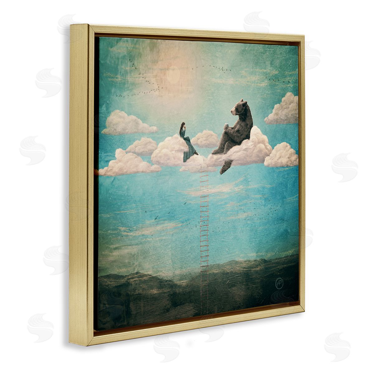 Paula Belle Flores Sky Ladder to Clouds Maiden Sitting with Bear Gold Floating Frame Canvas Wall Art Print