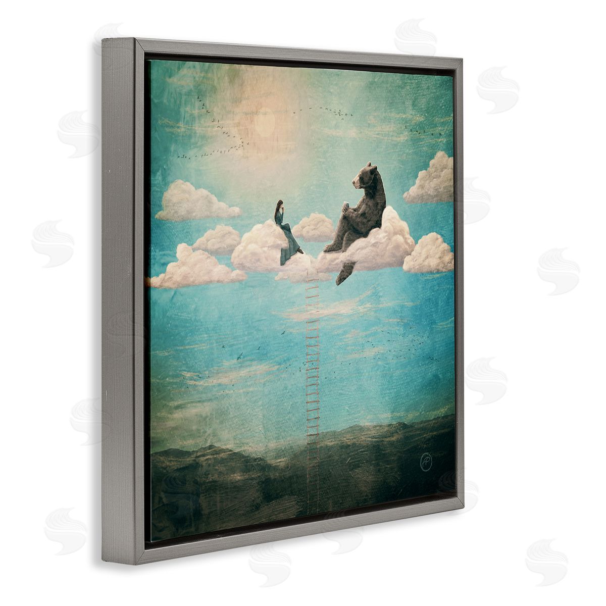 Paula Belle Flores Sky Ladder to Clouds Maiden Sitting with Bear Gray Floating Frame Canvas Wall Art Print