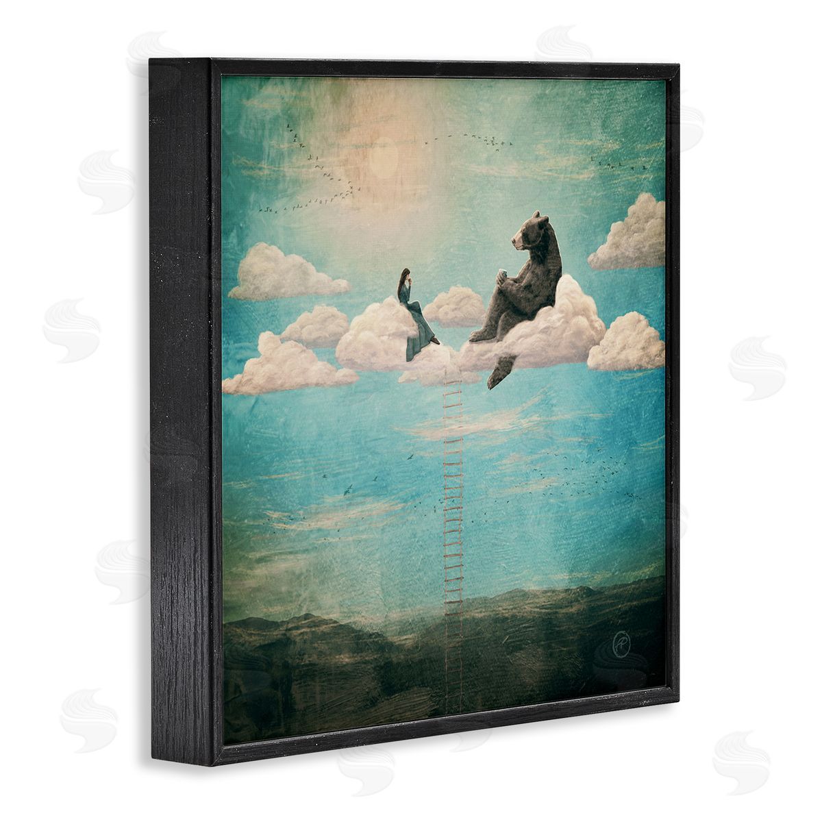 Paula Belle Flores Sky Ladder to Clouds Maiden Sitting with Bear Black Framed Glicee Wall Art Print