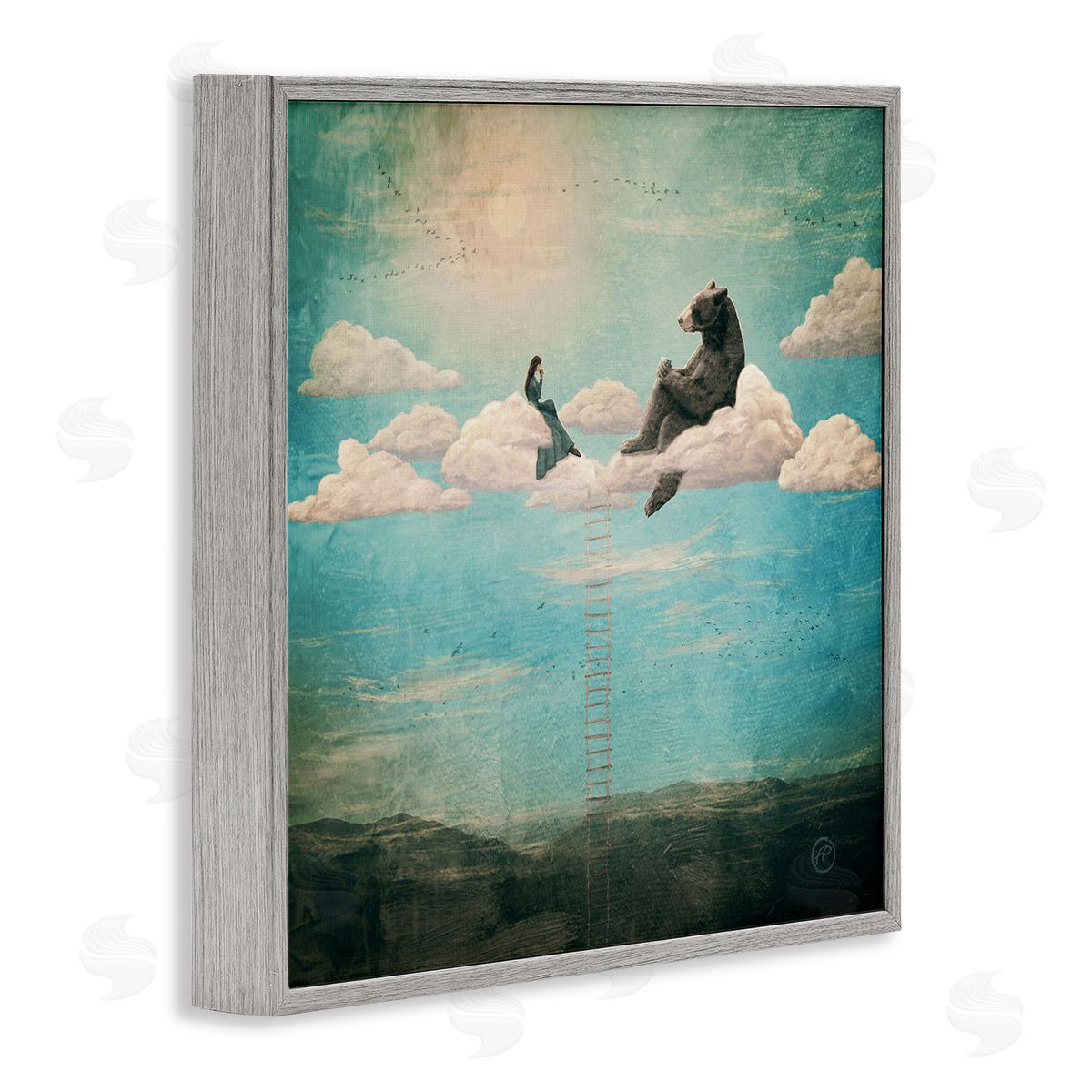 Paula Belle Flores Sky Ladder to Clouds Maiden Sitting with Bear Gray Framed Glicee Wall Art Print