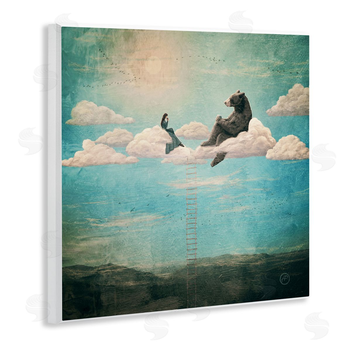 Paula Belle Flores Sky Ladder to Clouds Maiden Sitting with Bear Wooden Wall Plaque Art Print