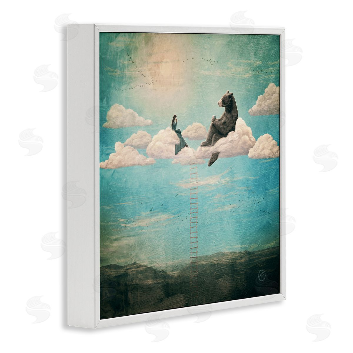 Paula Belle Flores Sky Ladder to Clouds Maiden Sitting with Bear White Framed Glicee Wall Art Print