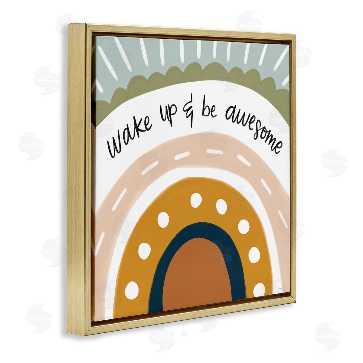 Lady Louise Designs Wake Up & Be Awesome Abstract Patterned Rainbow Gold Floating Frame Canvas Wall Art Print