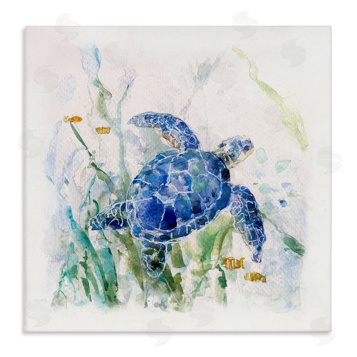 Sally Swatland Pleasant Aquatic Blue Sea Turtle Swimming Ocean Plants  Stretched Canvas Wall Art Print