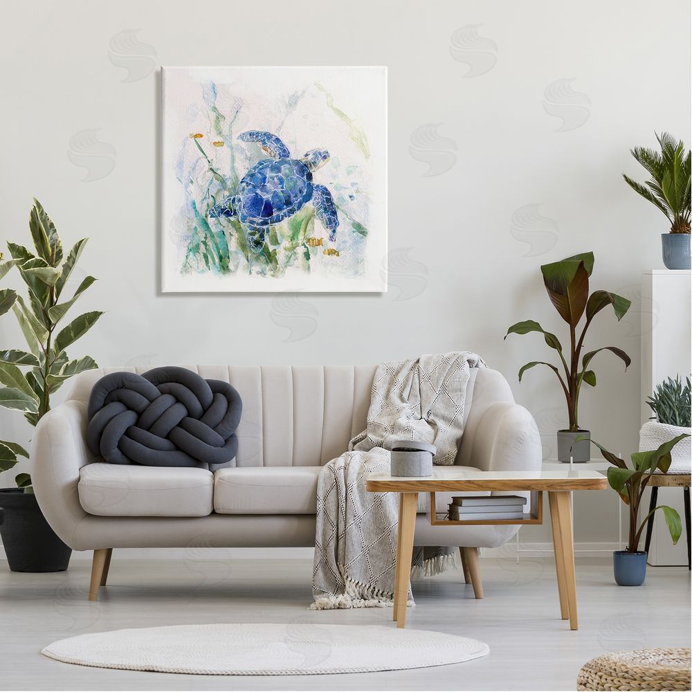 Sally Swatland Pleasant Aquatic Blue Sea Turtle Swimming Ocean Plants  Canvas Wall Art in Room