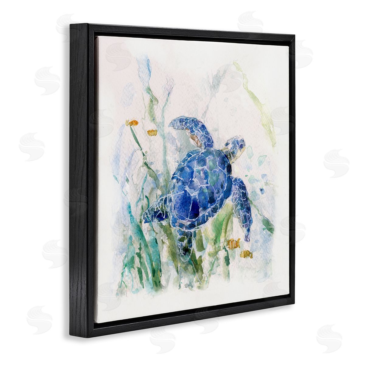 Sally Swatland Pleasant Aquatic Blue Sea Turtle Swimming Ocean Plants  Black Floating Frame Canvas Wall Art Print