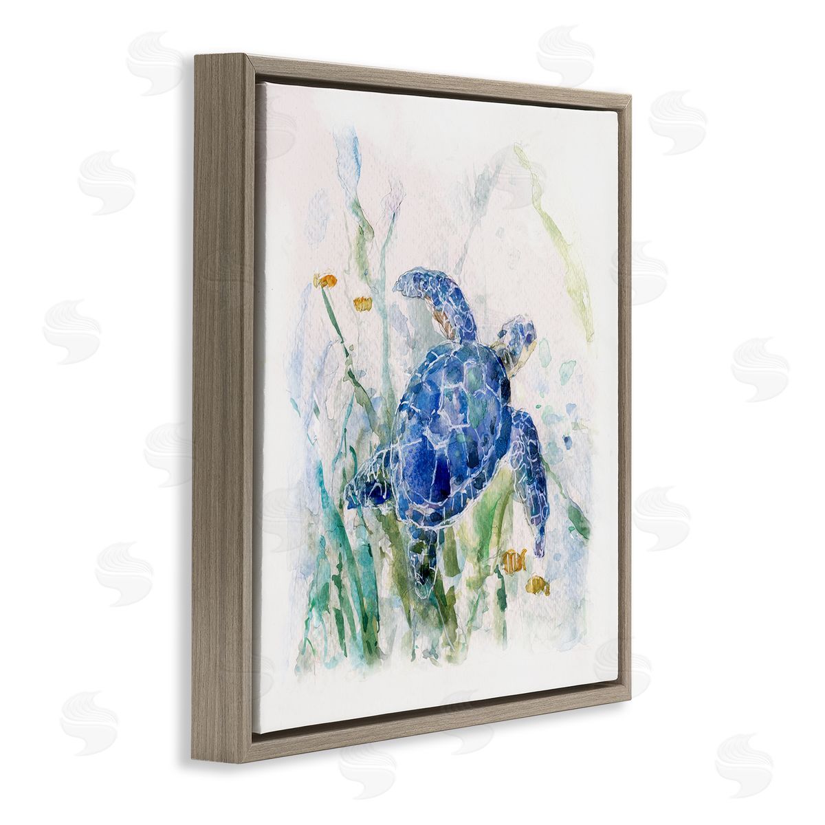 Sally Swatland Pleasant Aquatic Blue Sea Turtle Swimming Ocean Plants  Brown Floating Frame Canvas Wall Art Print
