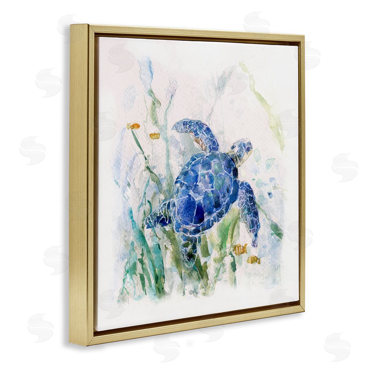 Sally Swatland Pleasant Aquatic Blue Sea Turtle Swimming Ocean Plants  Gold Floating Frame Canvas Wall Art Print