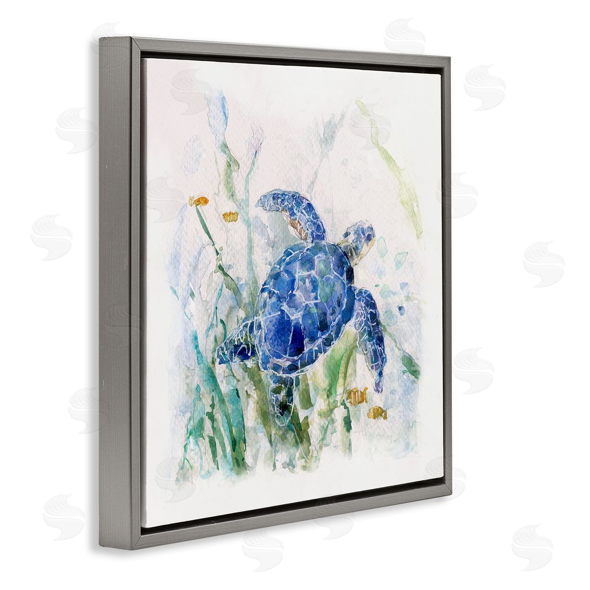 Sally Swatland Pleasant Aquatic Blue Sea Turtle Swimming Ocean Plants  Gray Floating Frame Canvas Wall Art Print
