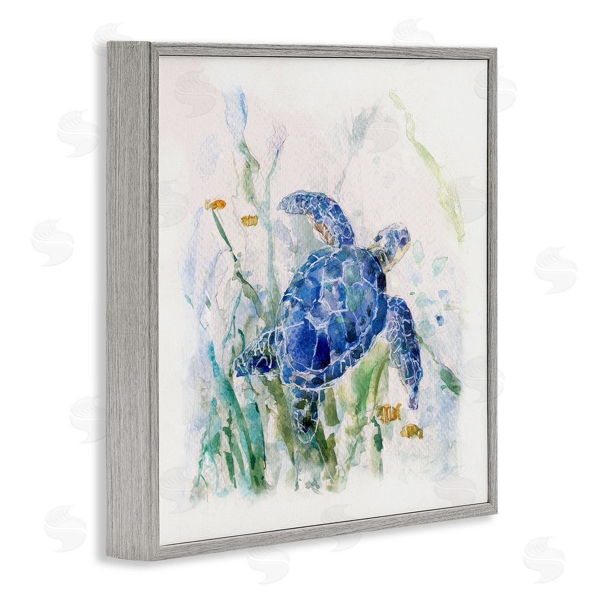 Sally Swatland Pleasant Aquatic Blue Sea Turtle Swimming Ocean Plants  Gray Framed Glicee Wall Art Print