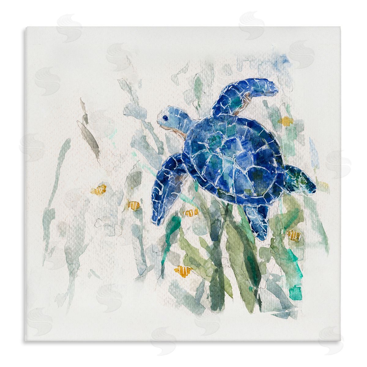 Sally Swatland Beautiful Blue Sea Turtle Swimming Plants Painting  Stretched Canvas Wall Art Print