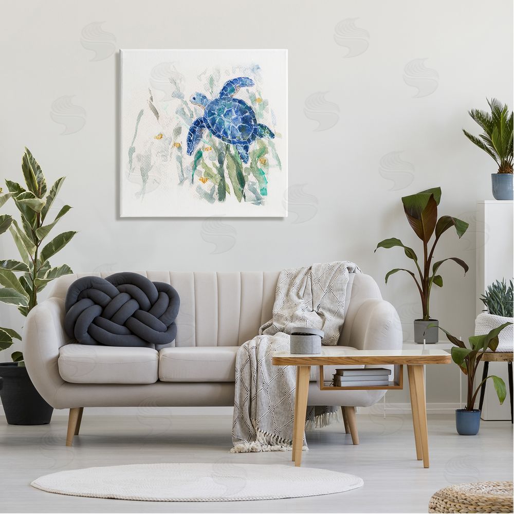 Sally Swatland Beautiful Blue Sea Turtle Swimming Plants Painting  Canvas Wall Art in Room