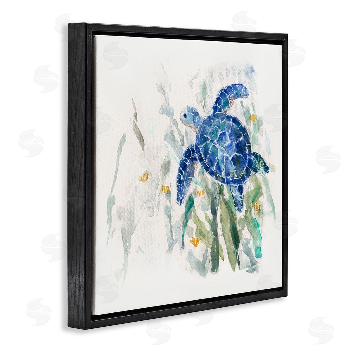 Sally Swatland Beautiful Blue Sea Turtle Swimming Plants Painting  Black Floating Frame Canvas Wall Art Print