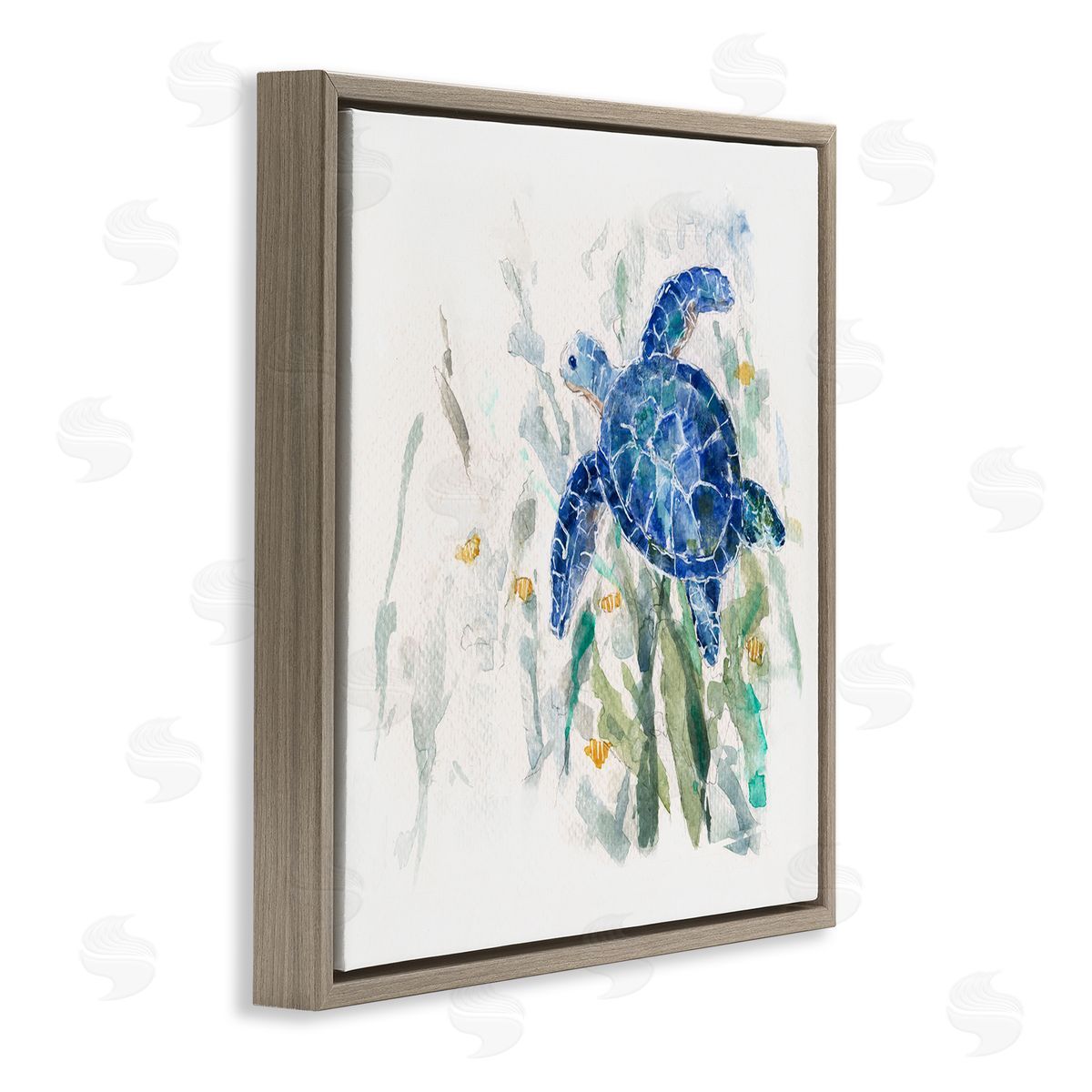 Sally Swatland Beautiful Blue Sea Turtle Swimming Plants Painting  Brown Floating Frame Canvas Wall Art Print