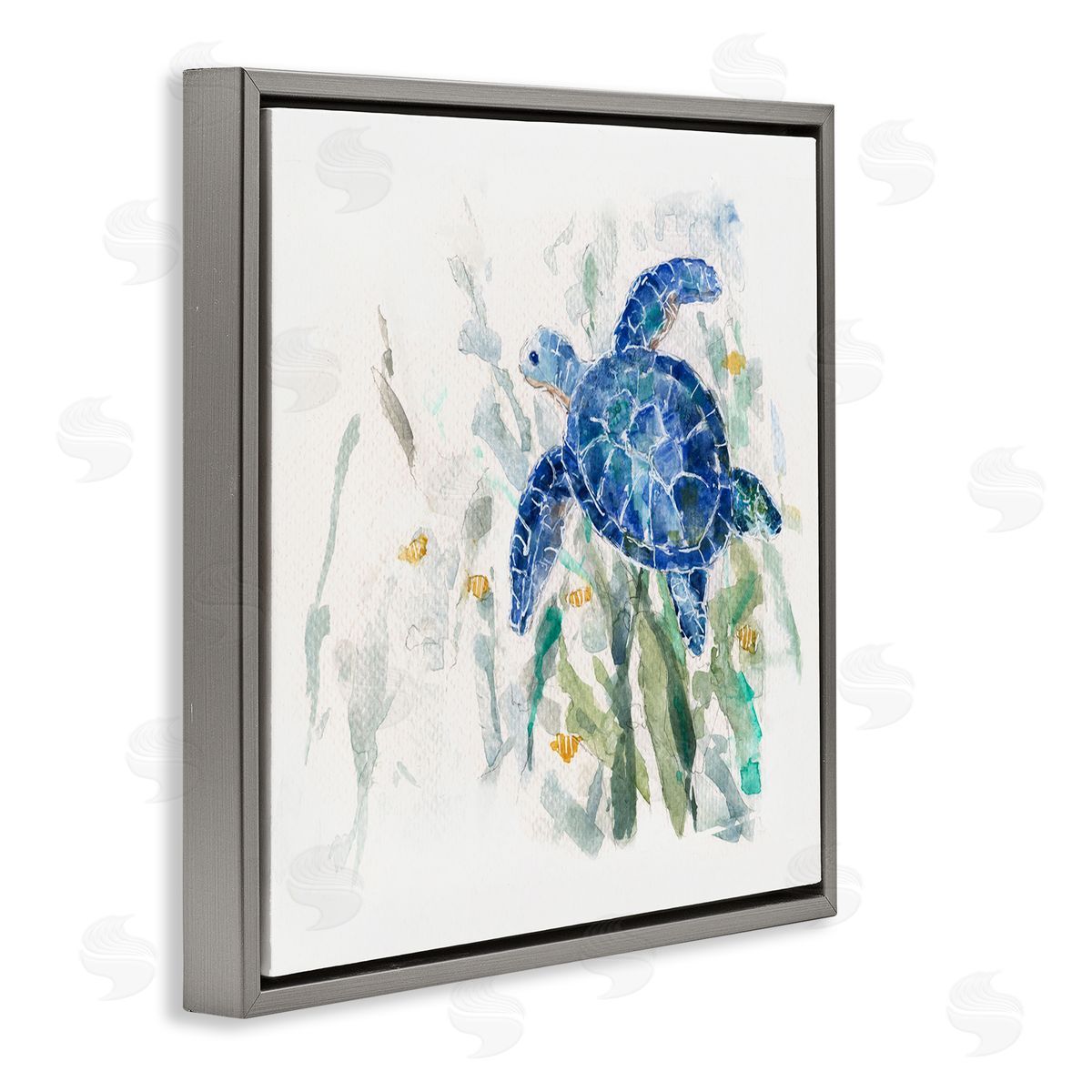Sally Swatland Beautiful Blue Sea Turtle Swimming Plants Painting  Gray Floating Frame Canvas Wall Art Print