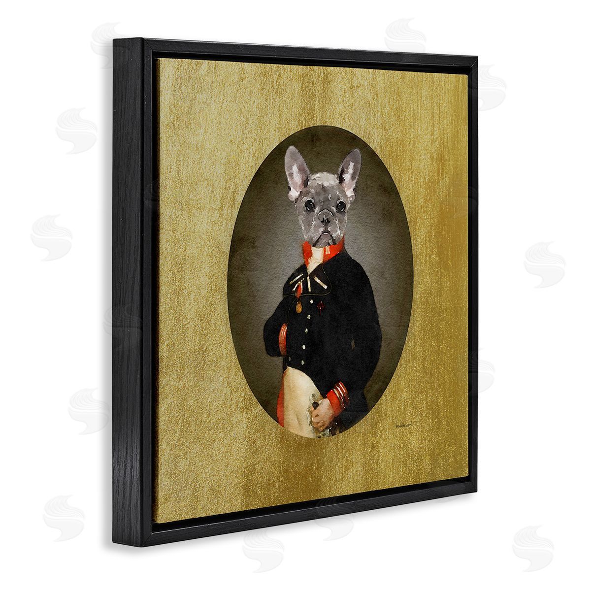 Amanda Greenwood Antique Style Dog Portrait Wearing Military Suit  Black Floating Frame Canvas Wall Art Print
