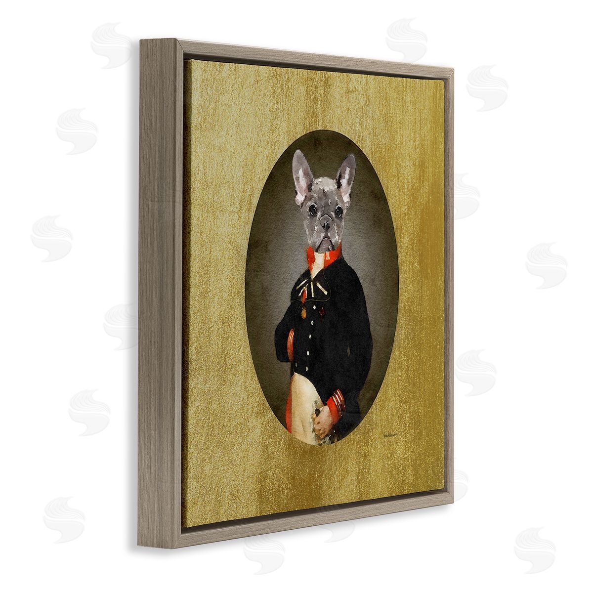 Amanda Greenwood Antique Style Dog Portrait Wearing Military Suit  Brown Floating Frame Canvas Wall Art Print