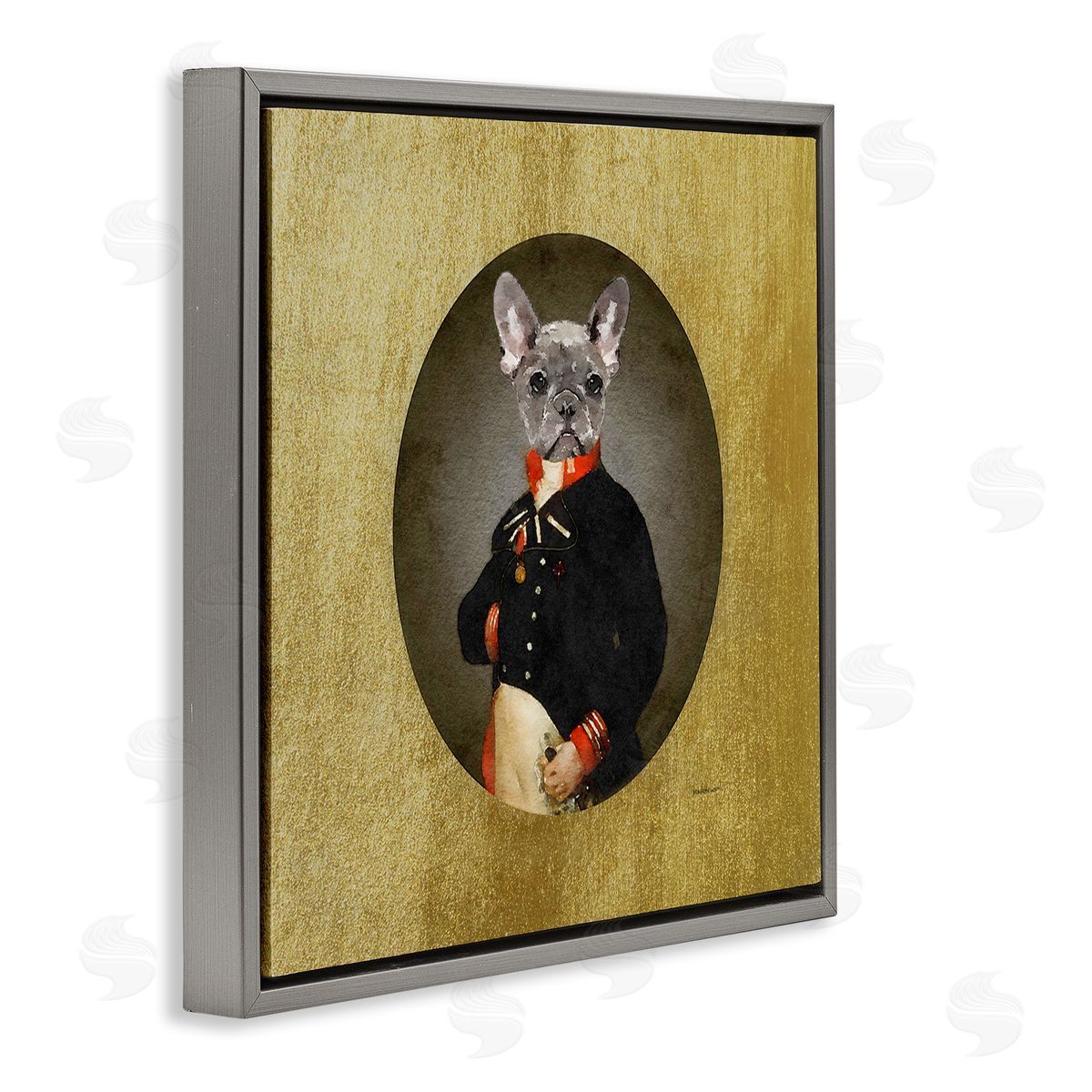 Amanda Greenwood Antique Style Dog Portrait Wearing Military Suit  Gray Floating Frame Canvas Wall Art Print